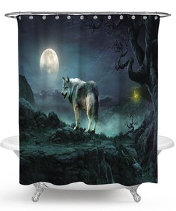 Wolf Shower Curtain - Above The Moon Waterproof Fabric for Your Bathroom Decor
