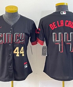 Women Cincinnati Reds #44 Gold Elly De La Cruz Jersey - Black Red
