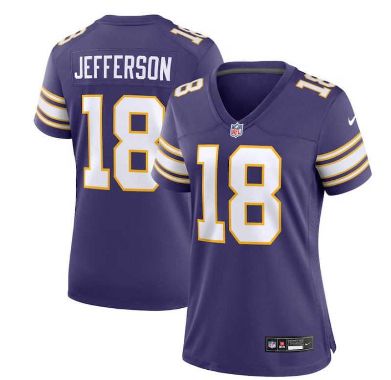 Women Minnesota Vikings #18 Justin Jefferson Purple 2023 Stitched Game Jersey