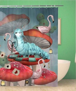 Wonderland Series Hookah Caterpillar on Mushroom Shower Curtain, Waterproof Fabric, Home and Bathroom Decor