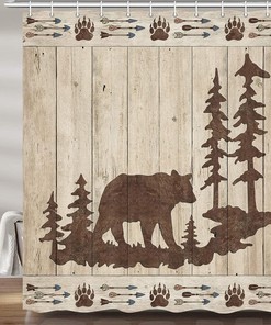 Wooden Board Fabric Bathroom Accessories Restroom Decor with Wild Animals Rustic Forest Bath Curtain and Bear Print 