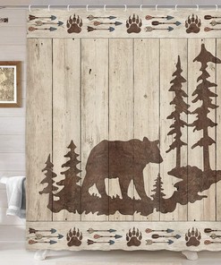 Wooden Board Fabric Bathroom Accessories Restroom Decor with Wild Animals Rustic Forest Bath Curtain and Bear Print