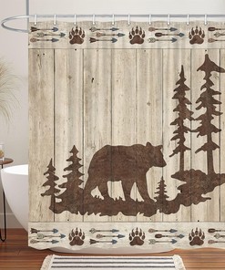 Wooden Board Fabric Bathroom Accessories Restroom Decor with Wild Animals Rustic Forest Bath Curtain and Bear Print 