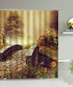 Wooden Bridge and Mount Fuji Landscape Shower Curtain - Nature-inspired Bathroom Decor 