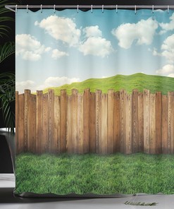 Wooden Garden Fence Cloth Fabric Shower Curtain, Pastoral Farmland Environment with Cloudy Sky Design, Bathroom Decor