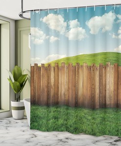 Wooden Garden Fence Cloth Fabric Shower Curtain, Pastoral Farmland Environment with Cloudy Sky Design, Bathroom Decor