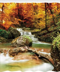 Woodland Creek Waterfall Shower Curtain, Autumn Seasonal Trees Foliage Rocks Forest Image Cloth Fabric Bathroom Decor