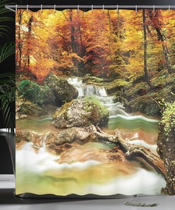 Woodland Creek Waterfall Shower Curtain, Autumn Seasonal Trees Foliage Rocks Forest Image Cloth Fabric Bathroom Decor