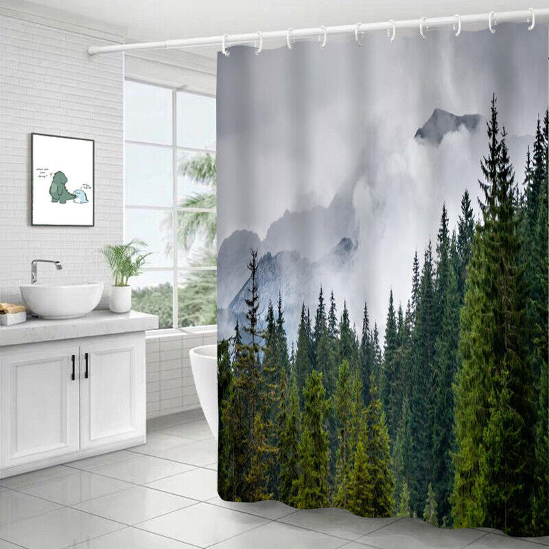 Woodland Mystique - 3D Misty Smoke Forest Pines Woods Jungle Bathroom Shower Curtain for Bathroom Decor
