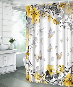 Yellow Floral Butterflies Watercolor Flower Shower Curtain for Botanical and Nature Scenery Bathroom Decor