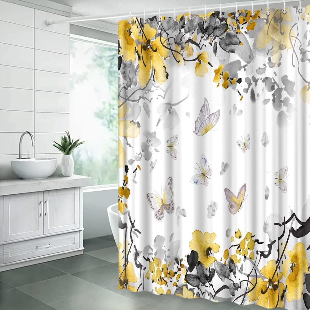 Yellow Floral Butterflies Watercolor Flower Shower Curtain for Botanical and Nature Scenery Bathroom Decor