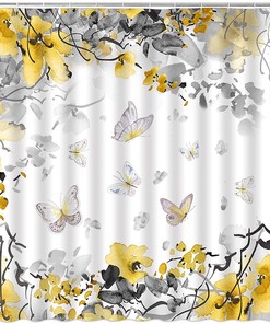 Yellow Floral Butterflies Watercolor Flower Shower Curtain for Botanical and Nature Scenery Bathroom Decor