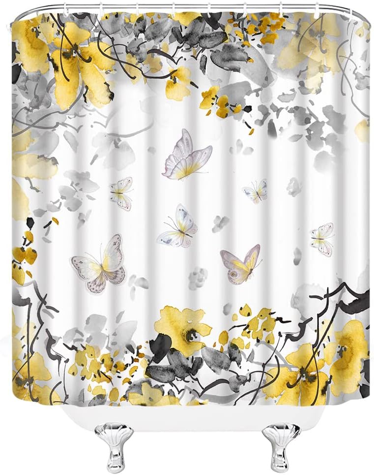 Yellow Floral Butterflies Watercolor Flower Shower Curtain for Botanical and Nature Scenery Bathroom Decor