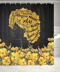 Yellow Flower African American Woman Black Shower Curtain for Whimsical Bathroom Decor