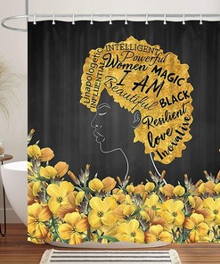 Yellow Flower African American Woman Black Shower Curtain for Whimsical Bathroom Decor