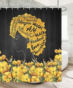 Yellow Flower African American Woman Black Shower Curtain for Whimsical Bathroom Decor