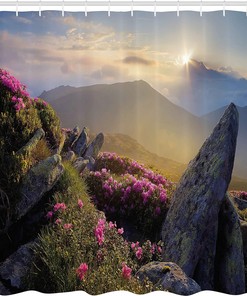 Yellow Green Pink Mountain Shower Curtain with Sunrise and Rhododendrons Design for an Idyllic Bathroom Decor