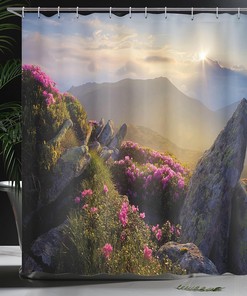 Yellow Green Pink Mountain Shower Curtain with Sunrise and Rhododendrons Design for an Idyllic Bathroom Decor