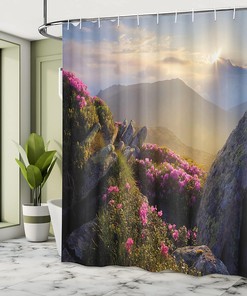 Yellow Green Pink Mountain Shower Curtain with Sunrise and Rhododendrons Design for an Idyllic Bathroom Decor