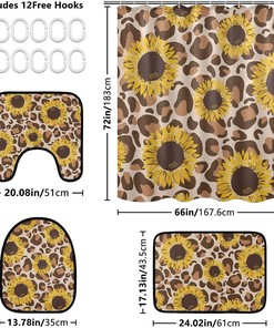 Yellow Sunflowers Leopard Spot Shower Curtain Set for Bathroom Home Decor