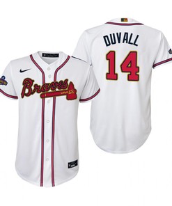 Youth Adam Duvall 14 Jersey, Atlanta Braves White 2022-23 Gold Program Jersey