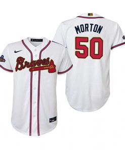 Youth Charlie Morton 50 Jersey, Atlanta Braves White 2022-23 Gold Program Jersey