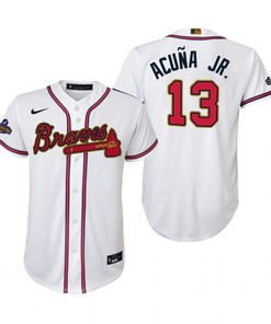 Youth Ronald Acuna Jr. 13 Jersey, Atlanta Braves White 2022-23 Gold Program Jersey