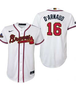 Youth Travis d'Arnaud 16 Jersey, Atlanta Braves White 2022-23 Gold Program Jersey