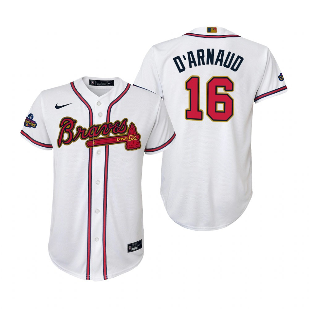 Youth Travis d'Arnaud 16 Jersey, Atlanta Braves White 2022-23 Gold Program Jersey
