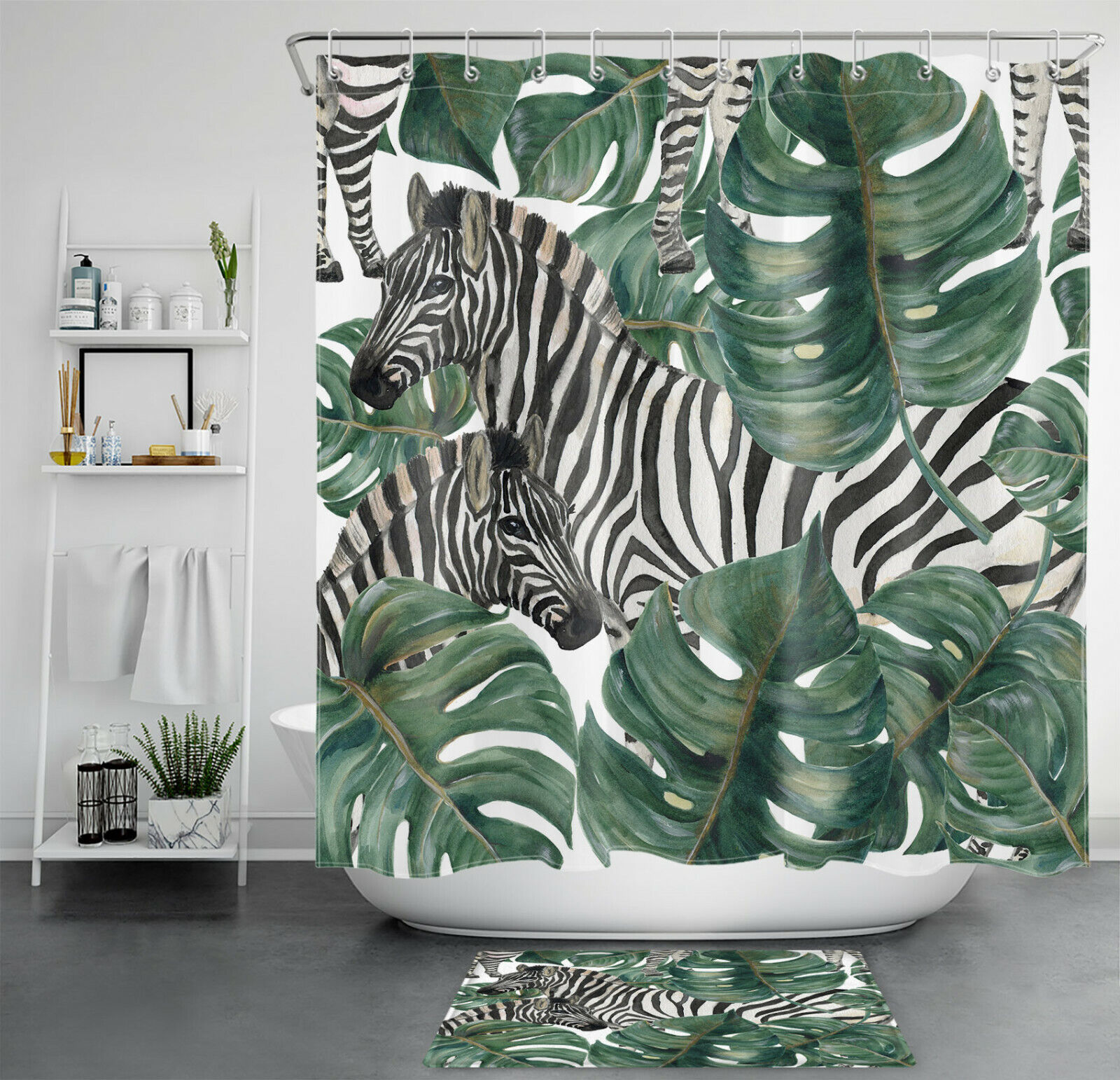 Zebra Shower Curtain with Palm Leaves for Wild Bathroom Decor