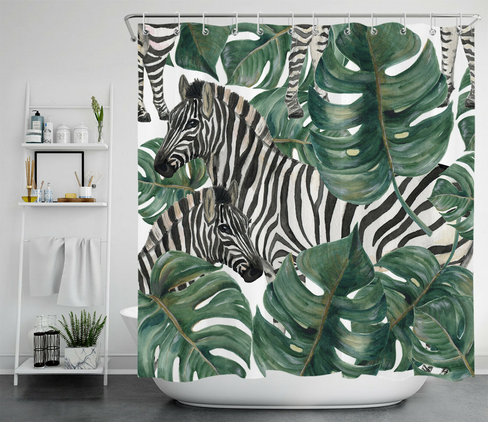 Zebra Shower Curtain with Palm Leaves for Wild Bathroom Decor