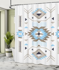 Zigzag Design Shower Curtain, Southwestern Ethnic Art Bathroom Decor, Dark Tan Cloth Fabric