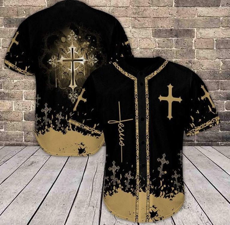 Amazing Jesus Saves The Life Black Gold Cross Personalized 3d Baseball Jersey