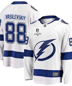Andrei Vasilevskiy 88 Tampa Bay Lightning Stanley Cup 2023 Playoffs Patch Away Breakaway Men Jersey - White