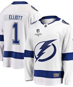 Brian Elliott 1 Tampa Bay Lightning Stanley Cup 2023 Playoffs Patch Away Breakaway Men Jersey - White