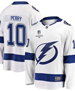 Corey Perry 10 Tampa Bay Lightning Stanley Cup 2023 Playoffs Patch Away Breakaway Men Jersey - White