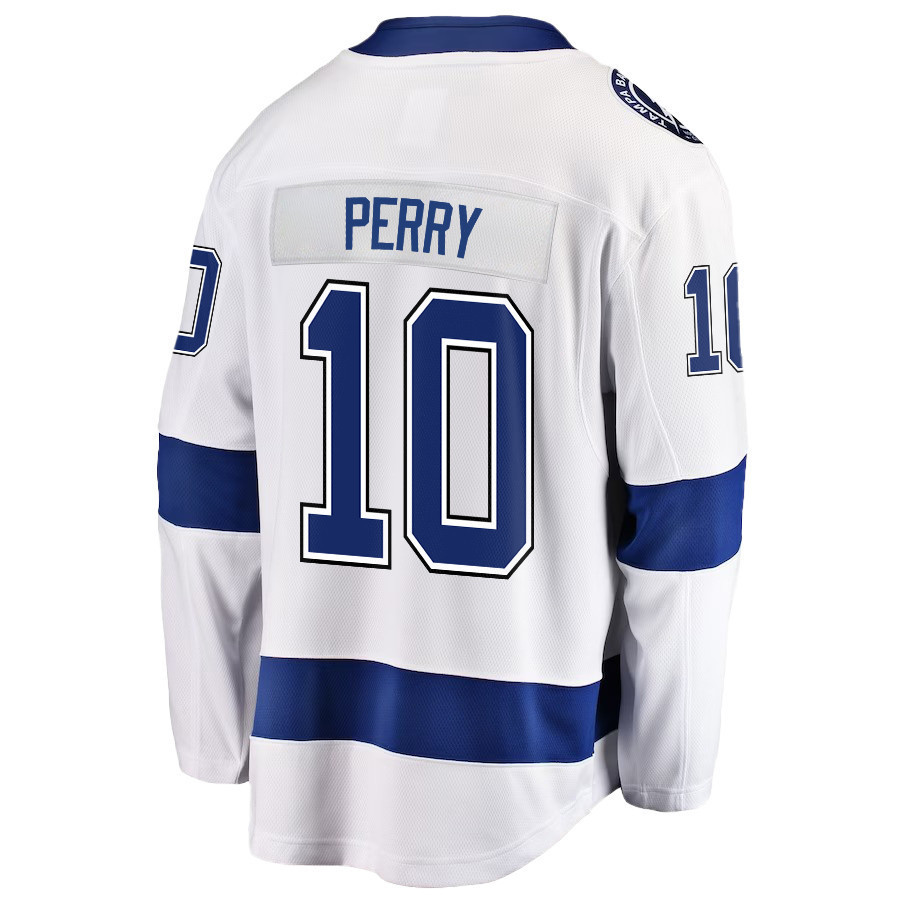 Corey Perry 10 Tampa Bay Lightning Stanley Cup 2023 Playoffs Patch Away Breakaway Men Jersey - White