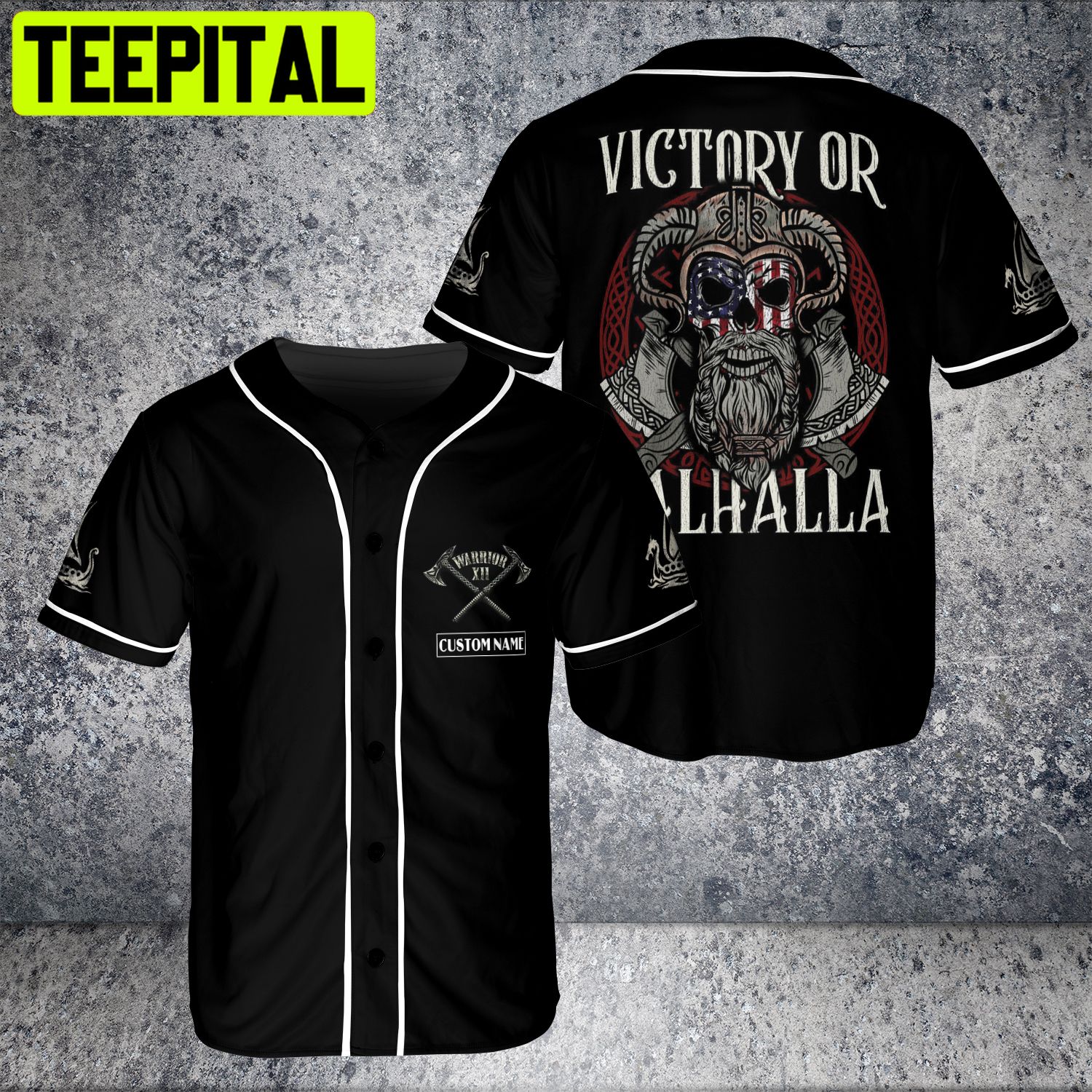 Custom Name Skull American Viking Victory Or Valhalla USA Flag BaseBall jersey