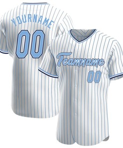 Custom Personalized White Light Blue Strip Light Blue Navy Baseball Jersey