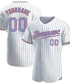 Custom Personalized White Light Blue Strip Light Blue Red Baseball Jersey