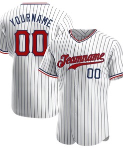 Custom Personalized White Navy Strip Red Navy Baseball Jersey