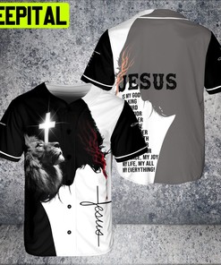 Jesus Is My God My Savior Lion Cross Christaian Jesus Face Baseball Jersey BlackWhite