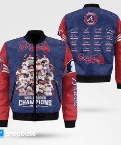 MLB Atlanta Braves Players Team Signatures 2021 World Series Champions Bomber Jacket