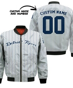 MLB Detroit Tigers Custom Name Number Uniform Stripes Bomber Jacket
