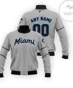 MLB Miami Marlins Custom Name Number Gray Bomber Jacket