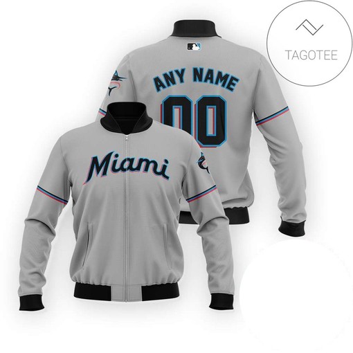 MLB Miami Marlins Custom Name Number Gray Bomber Jacket
