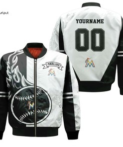 MLB Miami Marlins Custom Name Number White Black Bomber Jacket
