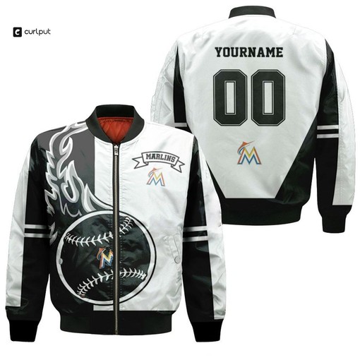 MLB Miami Marlins Custom Name Number White Black Bomber Jacket