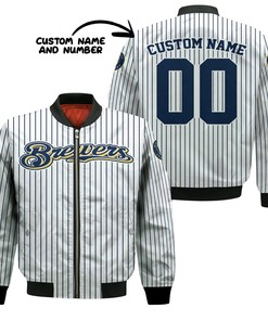 MLB Milwaukee Brewers Custom Name Number Uniform Stripes Bomber Jacket
