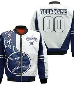 MLB Milwaukee Brewers Custom Name Number White Navy Blue Bomber Jacket